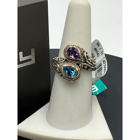 Effy Balissima Sterling Silver 18k Blue Topaz Amethyst Gemstones Bypass Ring 7.5 - Picture 8 of 15